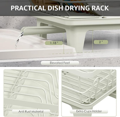 Urackify Dish Drying Rack for Kitchen Counter, Sink Dish Rack with Drainboard, Large Dish Drainer with Cups Holder, Home Countertop Plate Dryer Storage Rack with Cutlery Holder, Soft Celery Green - Image 9