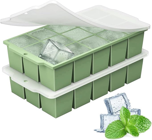 Silicone Ice Cube Tray with Locks Lids, Easy Release Flexible 15 Square Ice Trays for Freezer, Stackable & Reusable Ice Cube Mold for Whiskey, Cocktails, Baby Food, BPA Free, 2 Pack (Green)