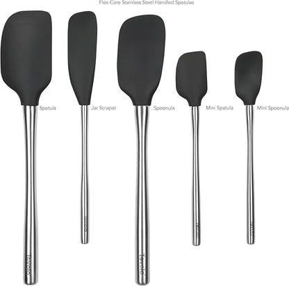 Tovolo Stainless Steel Handled Silicone Spatula Set of 5, Dishwasher Safe Kitchen Spatula Set for Cooking Baking, BPA Free Silicone Spatula set with Metal Steel Handle, Black