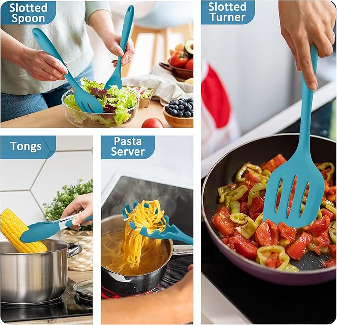 Silicone Cooking Utensils Set of 10, Kitchen Utensils Set for Cooking, 446°F Heat Resistant Silicone Kitchen Tools with Turner Spatula, Soup Ladle, Serving Spoons, Tongs for Nonstick Cookware - Blue