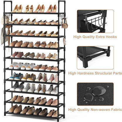 VTRIN 10 Tier Shoe Rack Tall Large Capacity Wide Shoe Organizer with Two Hooks Sturdy Metal Shoe Shelf for Entryway, Closet, Bedroom - Image 4