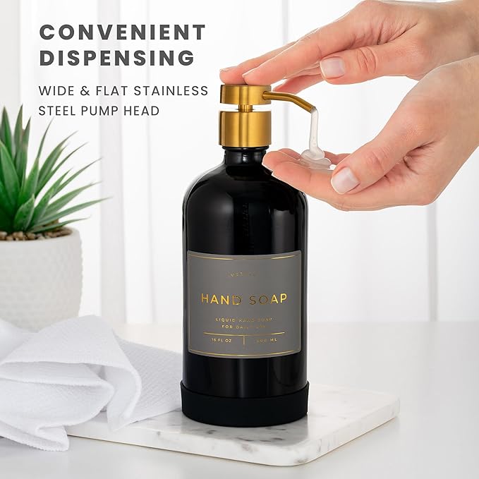 Hand and Dish Soap Dispenser for Kitchen and Bathroom, Set of 2 16 Oz Glass Bottles, Stainless Steel Pumps, Non-Slip Silicone Base, 27 Waterproof Labels (Gloss Black Bottle/Brushed Gold Pump) - Image 4