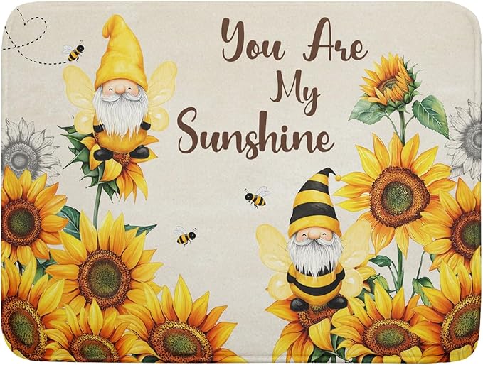 Giwawa Bee Gnomes Dish Drying Mat, Summer Sunflowers Elf Dish Drainer Mats for Kitchen Countertop, Vintage Sunshine Floral Absorbent Reversible Dish Drying Pad Decor, 18x24inches, Large