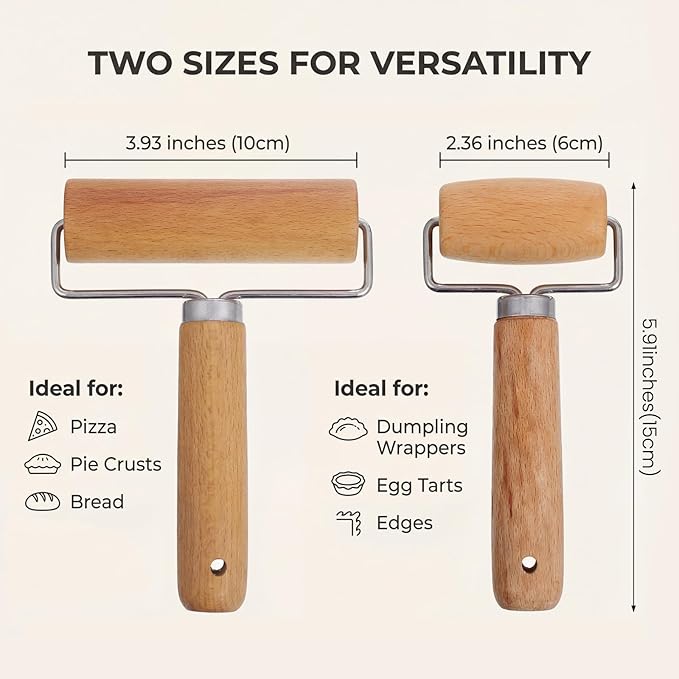 2 Pcs Pastry Roller, Wooden Rolling Pins Pizza Dough Roller Non-Stick Mini Rolling Pin for Pizza, Cookie, Pie, Dumpling, Home Kitchen Baking and Cooking