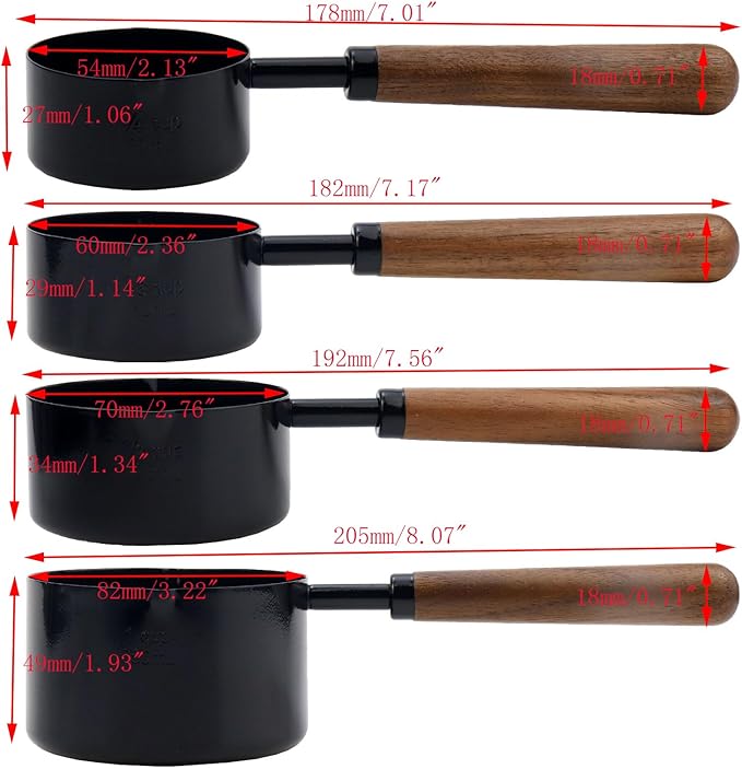 Set of 4 Measuring Cups and Spoons Black Measuring Cups with Wooden Handle Stainless Steel Measuring Spoons and Scoops Set for Kitchen Flour Spice Seasoning Measurement (1+1/2+1/3+1/4 Cup) - Image 3