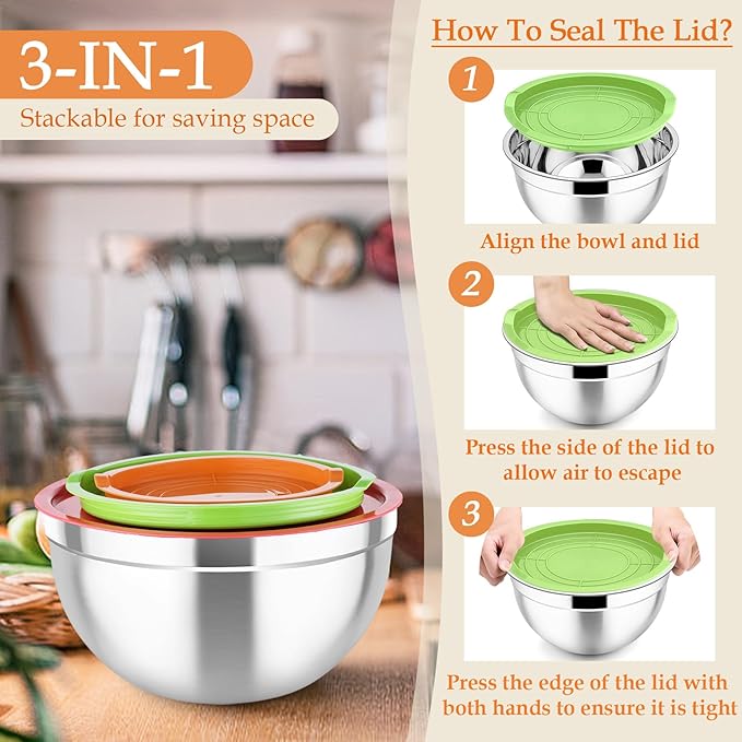 TeamFar Mixing Bowls, Stainless Steel Nesting Salad Bowls with Lids Set & 3 Grater Attachments, For Mixing/Serving/Storing, Non-toxic & Long-lasting, Size 4.6/3 / 1.5 QT, Colorful - Image 6
