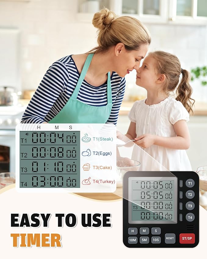TPNEG Digital Kitchen Timer - 4-Channel Cooking Timer with Alarm, Magnetic Back, Loud & Silent Modes, Count Up/Down, Ideal for ovens, Seniors, Kids and classrooms, Replaceable AAA Battery - Image 2
