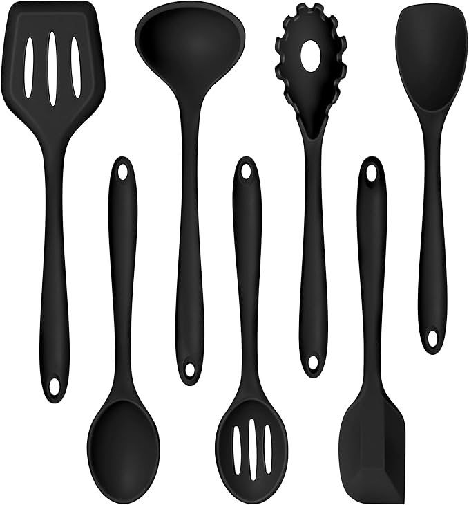 TeamFar Silicone Cooking Utensil Set of 7, Black Kitchen Nonstick Tools Turner Spoon Spatula Ladle Pasta Server for Nonstick Cookware, Healthy & One-Piece, Anti-Heat & Dishwasher Safe by TeamFar