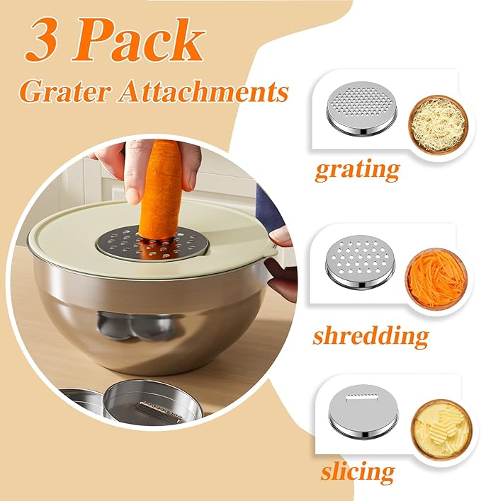 Mixing Bowls with Lids Set, 6 PCS Stainless Steel Mixing Bowls with 3 Grater Attachments, Kitchen Food Storage Organizers Nesting Mixing Bowl, Large Size 4.5, 3.5, 2.1, 1.5, 1.1, 0.7QT - Image 3