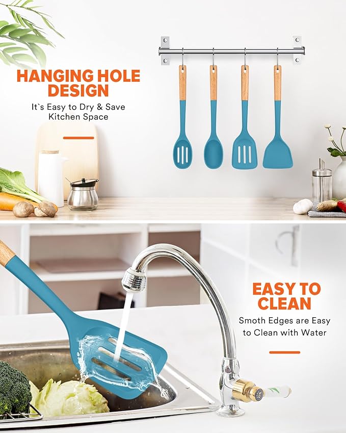 Silicone Cooking Utensils Set, Perfectly Angled for Frying, Mixing,Serving,Draining,Turning and Stirring, BPA-Free Matte Silicone, Wood Handles, Safe for Nonstick Cooking Surfaces,4 Pack (Blue) - Image 6