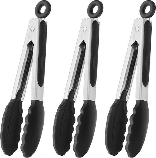 HINMAY Mini Tongs with Silicone Tips 7-Inch Kitchen Tongs, Set of 3 (Black) by HINMAY