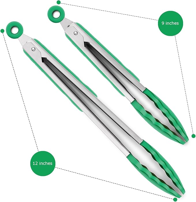 2 Pack Silicone Kitchen Tongs – 9" & 12" Set, Heat Resistant up to 500°F, Non‑Stick Cookware Safe, Wavy Silicone Tips, BPA Free, Locking Clip & Hanging Loop, Turquoise - Image 4