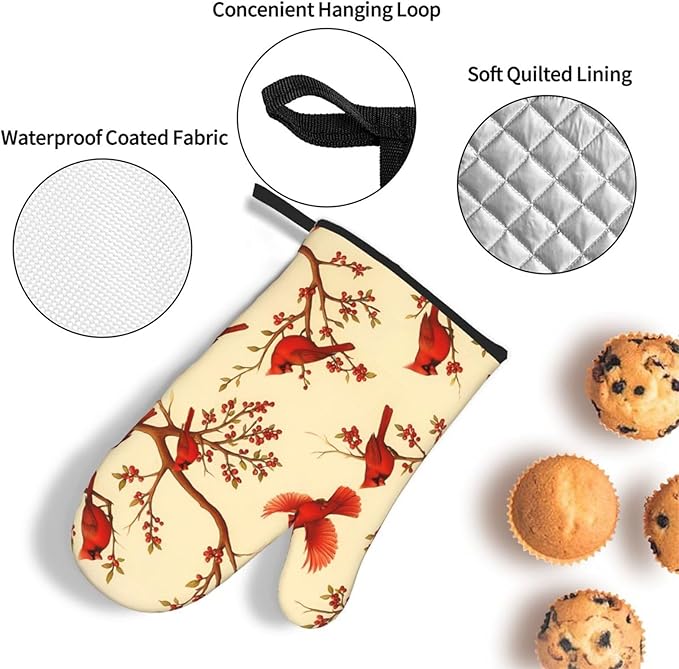 Red Cardinal Oven Mitts and Pot Holders Sets of 3, Non-Slip Christmas Heat Resistant Kitchen Gloves Hot Pad, Cardinal Gifts for Women, Rustic Christmas Kitchen Decor, Baking Cooking Grilling Gifts - Image 6