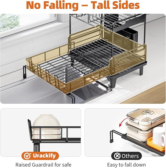 Urackify Dish Drying Rack - Extendable Dish Drainer, Large Dish Rack for Kitchen Counter, Rustproof Dish Strainer with Utensil Holder and Cups Holder, 2 Tier Black - Image 3