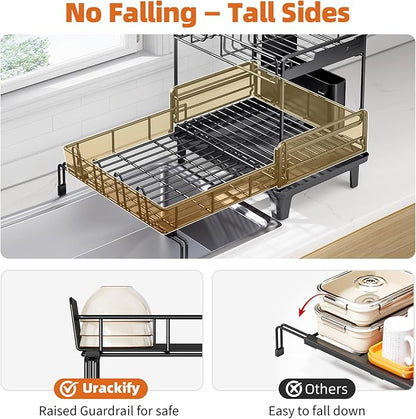 Urackify Dish Drying Rack - Extendable Dish Drainer, Large Dish Rack for Kitchen Counter, Rustproof Dish Strainer with Utensil Holder and Cups Holder, 2 Tier Black - Image 3
