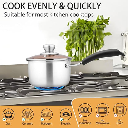 P&P CHEF 1 Quart Saucepan Small Pot, Stainless Steel Saucepan with Lid, Small Sauce Pan for Home Kitchen Restaurant Cooking, Visible Glass lid & Bakelite Heat-Proof Handles,Dishwasher Safe, 1 Pc - Image 5