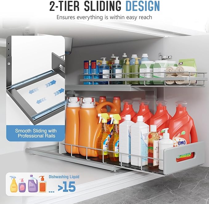 Under Sink Organizer Upgrade To Professional Rails,2-Tier Dual Pull Out Cabinet Storage,Height Adjustable Slide Out Drawers For Bathroom Kitchen,1 Pack-21"Dx12.8"-16.9"H,Gun Gray - Image 5