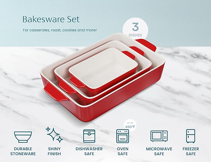 Kook Ceramic Bakeware Set, Rectangular Baking Dishes, For Casseroles, Lasagna, Cake, Small, Medium & Large Pans, Microwave & Dishwasher Safe, Set of 3, Cherry - Image 5