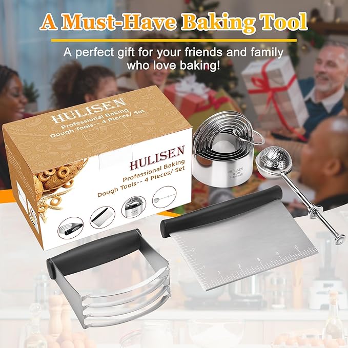 HULISEN Stainless Steel Biscuit Cutter Set, Flour Duster, Pastry Scraper and Dough Blender, Sturdy & Long-Lasting with Ergonomic Rubber Grip, Professional Baking Dough Tools, Gift Package (4 Pcs/Set) - Image 2