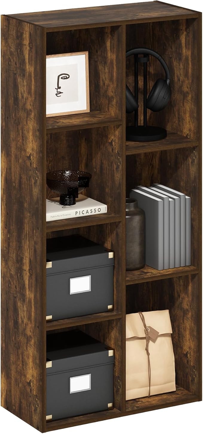 Furinno LUDER Book Shelf, 7-Cube Bookshelf, Bookcase with Open Shelves, 9.4 x 19.5 x 41.7, Easy Assembly, for Living Room, Bedroom, Home Office, Amber Pine by Furinno-FitsYourSpaceFitsYourBudget