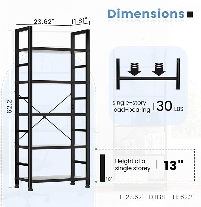 DUMOS 5 Tiers Bookshelf, Classical Book Shelf, Tall Display Shelves in Living Room/Home/Office, Storage Organizer for CDs/Books/Movies, Modern Black - Image 3