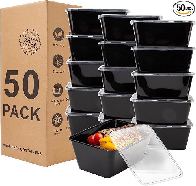 Meal Prep Containers 50Pack - 34oz Food Storage Containers with Lids, Reusable Food Prep Containers, Disposable To Go food Containers for Takeout, BPA Free, Stackable, 1000ml, Microwave/Freezer Safe by RANLITTLE