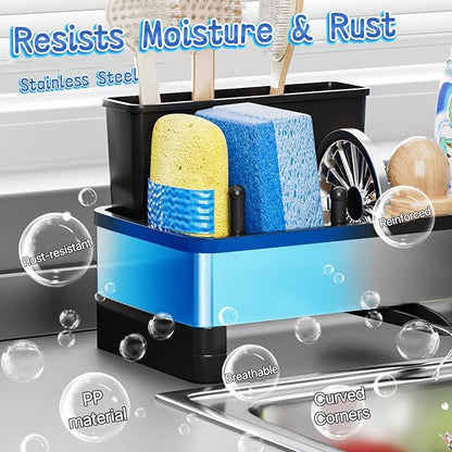 Sponge Holder for Kitchen Sink,Sink Caddy Organizer with Removable Brush Holder,Kitchen Countertop Soap Dispenser Storage with Detachable Towel Rack,Black