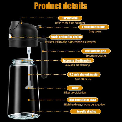 Oil Sprayer for Cooking 2 in 1 Olive Dispenser Bottle 16oz/470ml Kitchen Gadgets for Air Fryer, Salad, BBQ - Glass Mister Spray -Transparent Black