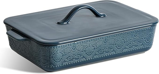 Casserole Dish with Lid, Ceramic 9x13 Casserole Dish for Oven, Rectangular Bakeware, Large Baking Dish with Handles for Holiday Cooking, Roasting, Baking, Oven & Microwave Safe (Blue) by IntoYourHouseOntoYourTable
