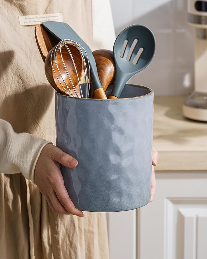 famiware Ocean Utensil Holder, 7.2"+5.8" Ceramic Kitchen Utensil Holder for Countertop, 2 Pieces Cooking Utensil Crocks, Utensil Organizer for Spatula & Spoon, Kitchen Decor, Set of 2, Blue - Image 4