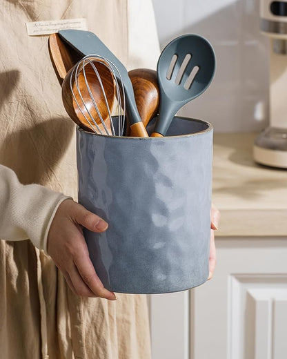 famiware Ocean Utensil Holder, 7.2"+5.8" Ceramic Kitchen Utensil Holder for Countertop, 2 Pieces Cooking Utensil Crocks, Utensil Organizer for Spatula & Spoon, Kitchen Decor, Set of 2, Blue - Image 4