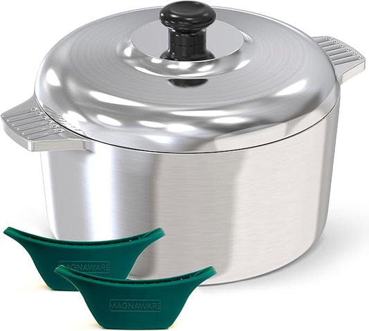 Magnaware Cast Aluminum Dutch Oven with Lid - 5 Quart Lightweight Cookware Pot with Silicone Covers for Easy Handling - Even Heat Distribution & Retention - For Bread Baking, Stew, Simmering & More