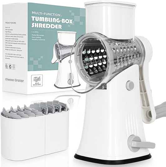 5-in-1 Rotary Cheese Grater Hand Crank, Vegetable Slicer Shredder with 5 Interchangeable Blades, Graters for Kitchen, Safe Kitchen Tool for Cheese, Nuts, Chocolate, White