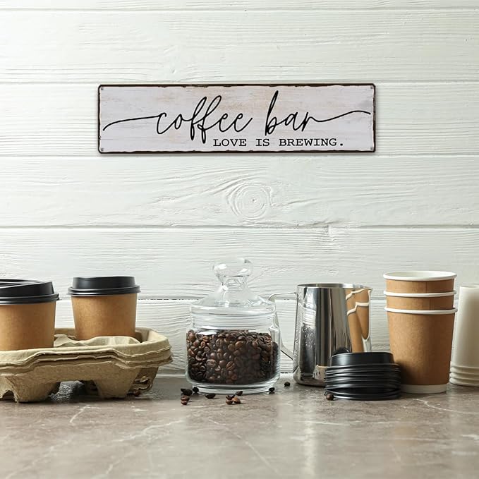Coffee Bar Sign, Love is Brewing Signs, Retro Metal Tin Sign, Vintage Coffees Wall Art, Decorations for Kitchen, Cafe, Coffee Station, Home Bar, Decorative Metal Wall Signs 15.8x4 Inches - Image 4