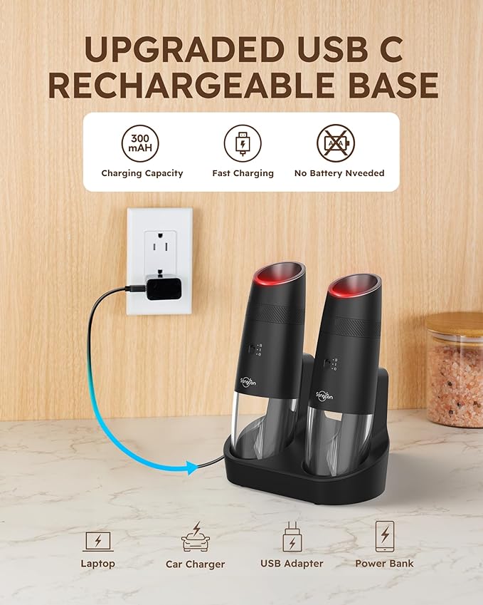 Sangcon 2-Speed Gravity Electric Salt and Pepper Grinder Set RECHARGEABLE, Automatic Salt Pepper Shakers with Charging Base - LED Light One Hand Operated, External Adjustable Coarseness Pepper Mill - Image 3