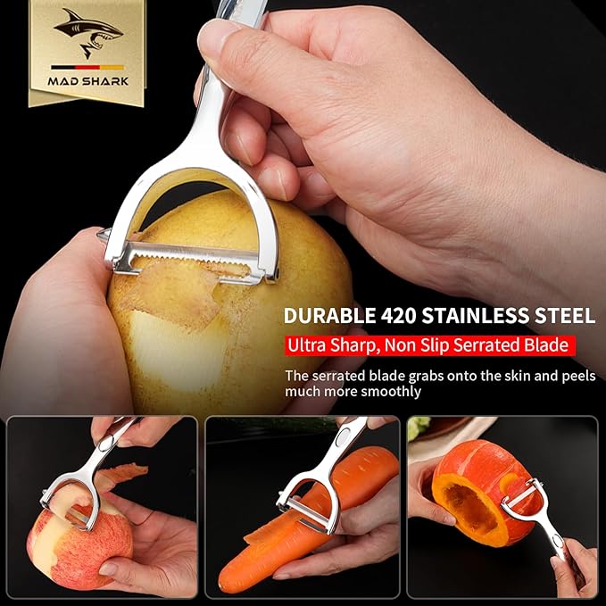 MAD SHARK Ultra Sharp Vegetable Peelers for Kitchen Fruit Apple Potato Peelers,Design with Ergonomic Non-Slip Handle, Y-Shaped Stainless Steel Serrated（Flat&Serrated Blade 2pc） - Image 3