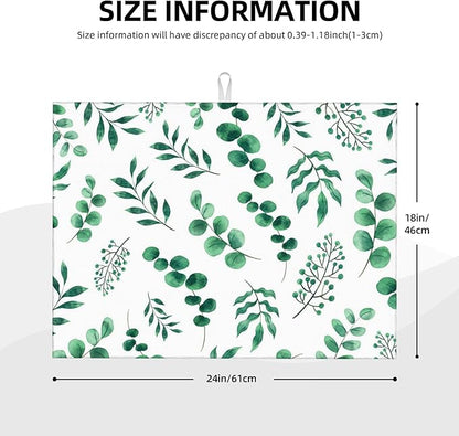 Watercolor Plant Green Leaves Dish Drying Mat for Kitchen Counter, 18"x24" Microfiber Absorbent Fast Dry Mat, 2Pcs Dish Mat Faucet Mats Sets, Large Drying Kitchen Mat Kitchen Drying Pad
