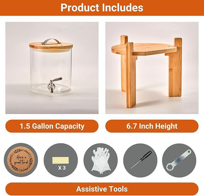 Glass Beverage Dispenser with Bamboo Stand 6.7 In and Lid, Iced 1.5 Gallon Drink Server with Spigot, Large Thick Glass Drink Dispenser for Parties, Hotels, Restaurants, Homes