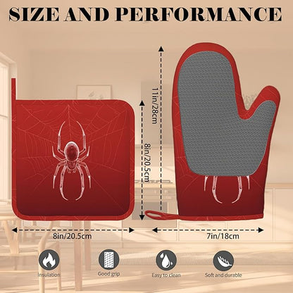 Halloween Spider Web Oven Mitts and Pot Holders Sets Silicone Heat Resistant Kitchen Oven Gloves Pot Holder for Cooking Baking Grilling BBQ