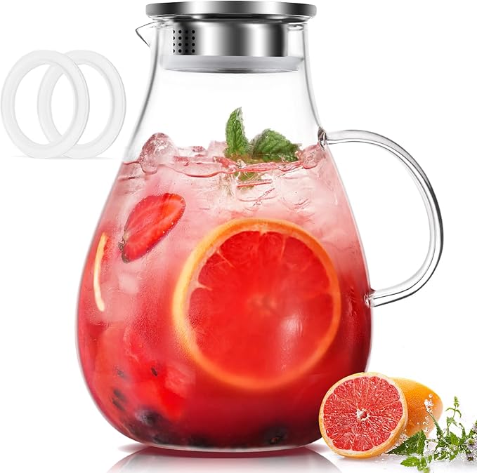 LUNA & MANTHA Glass Pitcher with Lid, 86oz Glass Water Pitcher, Large Hot Cold Water Jug, Borosilicate Drink Jug for Iced Tea, Sangria and Coffee Beverage Carafe with 2 Silicone Rings by LUNAMANTHA