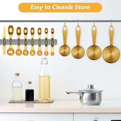 GuDoQi Gold Magnetic Measuring Spoons and Cups Set of 12, 8 Dual Sided Magnetic Measuring Spoons set with Leveler, 4 Measuring Cups, Premium Stainless Steel, Measuring for Liquid and Dry Ingredients