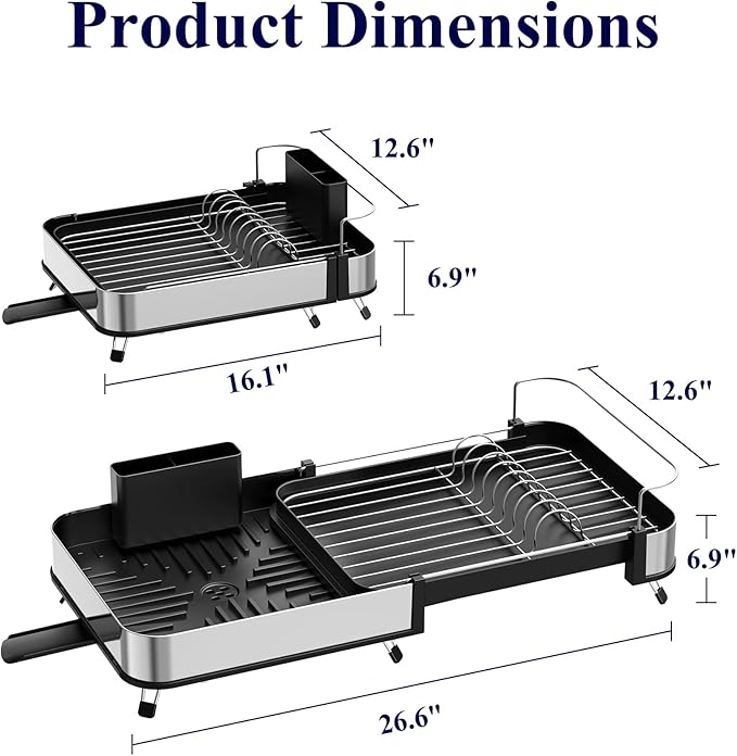 Kitsure Dish Drying Rack - Expandable Stainless Steel Dish Racks for Kitchen Counter, Auto-Drain Drying Rack for Kitchen with Cutlery Holder & Non-Slip Feet, 16.1-26.6" L x 12.6" W, Black - Image 3