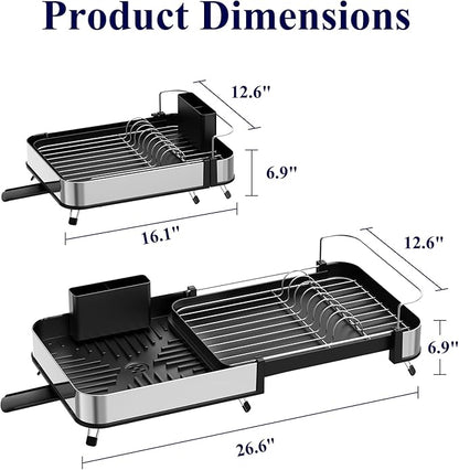 Kitsure Dish Drying Rack - Expandable Stainless Steel Dish Racks for Kitchen Counter, Auto-Drain Drying Rack for Kitchen with Cutlery Holder & Non-Slip Feet, 16.1-26.6" L x 12.6" W, Black - Image 3