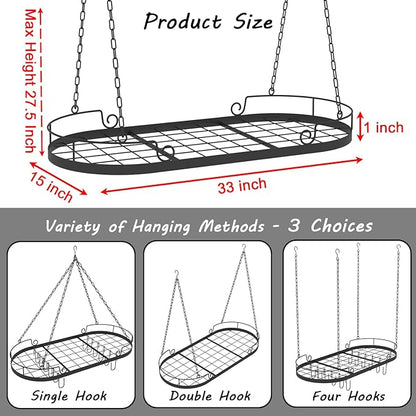 33' Oval Pan Rack Hanging, Heavy Duty Ceiling Pot Rack with Hooks, Metal Pot Hanger with Grid, Pan and Pot Hangers for Kitchen Cookware Utensils Toiletries, Easy Assembly, Black