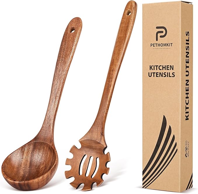 Wooden Spoons for Cooking,2 Pcs Wooden Utensil Set of Soup Ladle &Spaghetti Pasta Spoon with Teeth, Teak Wood Soup Ladle&Slotted Pasta Fork Strainer Spoon Set for Serving Collecting Noodle Gravy Sauce by PETERSHOMEANDKITCHEN