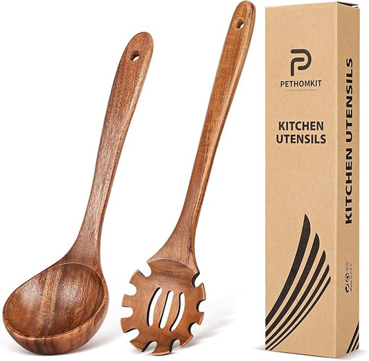 Wooden Spoons for Cooking,2 Pcs Wooden Utensil Set of Soup Ladle &Spaghetti Pasta Spoon with Teeth, Teak Wood Soup Ladle&Slotted Pasta Fork Strainer Spoon Set for Serving Collecting Noodle Gravy Sauce by PETERSHOMEANDKITCHEN