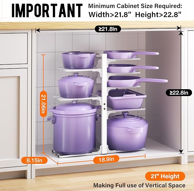 MUDEELA 8-Tier Pots and Pans Organizer under Cabinet, Heavy Duty Adjustable Pot Pan Organizers inside Cabinet, Kitchen Cabinet Organizers and Storage Pot Rack for Big Stockpots, Heavy Cookware, White - Image 2
