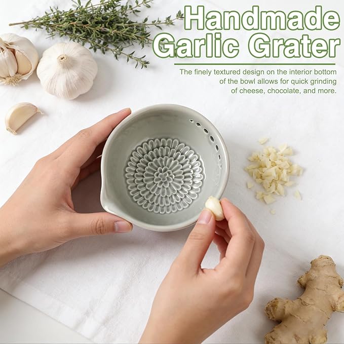 Ceramic Grater Bowl with Herb Stripper, 3 in 1 Handmade Ginger Grater Bowl, Garlic Grater Plate, Multi-Functional Kitchen Tools and Gadgets, for Garlic, Chocolate, Herbs, Etc - Image 4