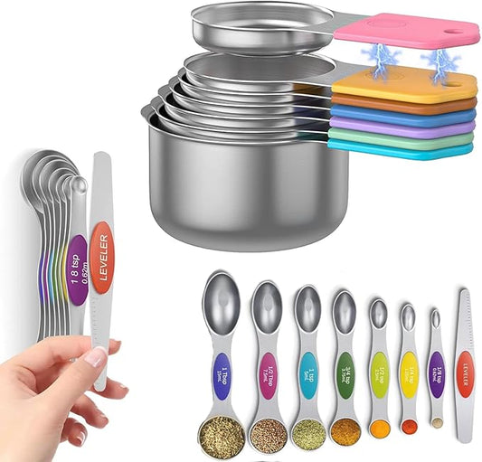 Magnetic Measuring Cups and Spoons Set, N52 Magnetic Nesting Design magnetic spoons, 304 Stainless Steel measuring cups, Dual-sided Design Set of 15 with Leveler for Dry & Liquid Ingredients