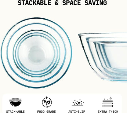 5pc Glass Mixing Bowls Sets (4.65QT, 2.80QT, 1.64QT, 1.16QT, 0.85QT), Glass Nesting Kitchen Thick Bowl for Baking, Cooking Prep, Storage, Large Salad Bowls Sets-Dishwasher Microwave Freezer Safe - Image 5